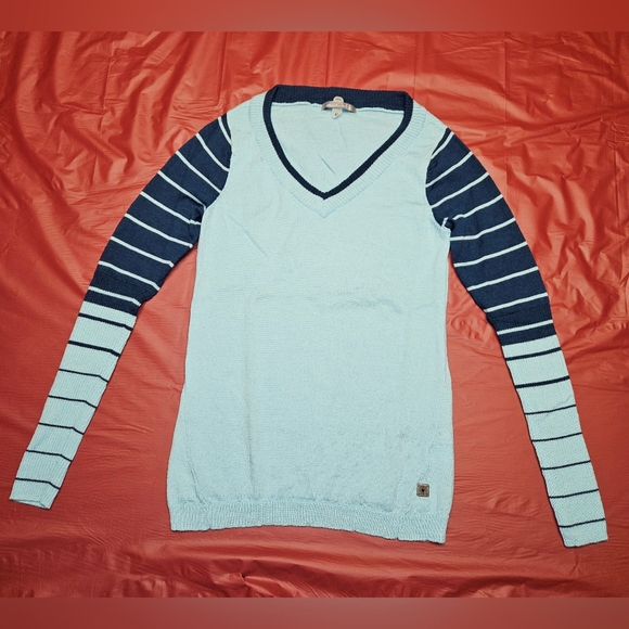 SmartWool Sweater V-Nk Ribbed Trim szXS E.U.C. Lt&Dk Blu/Grn Soft & LtWt - Picture 1 of 6